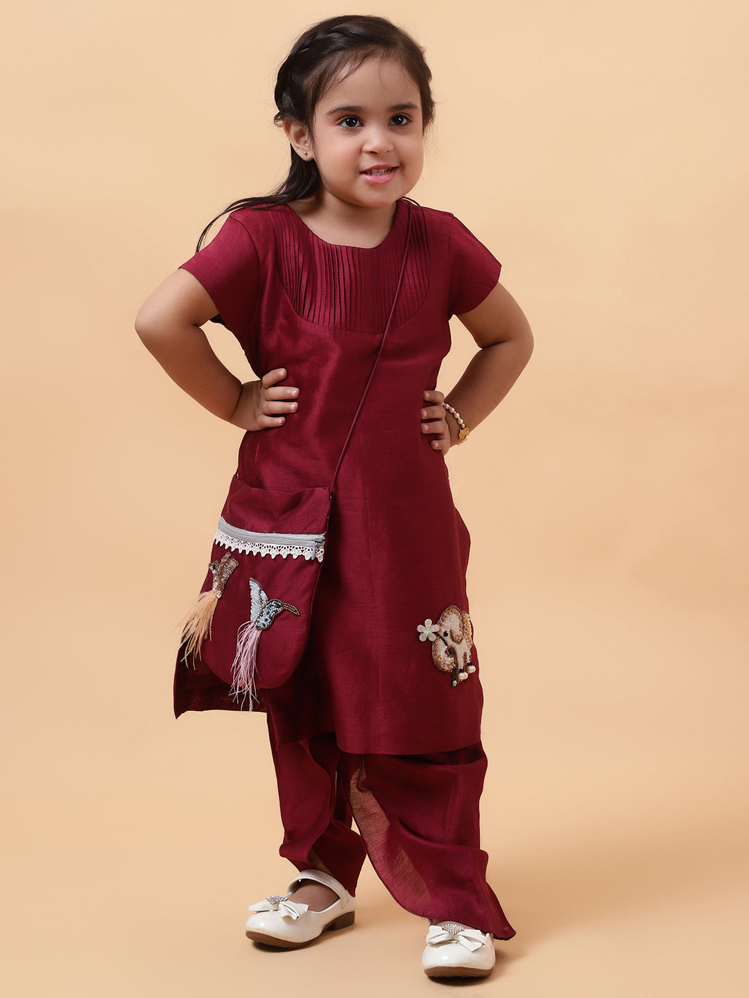 Wine Elephant and Birds Hand Embroidered Motifs Kurta