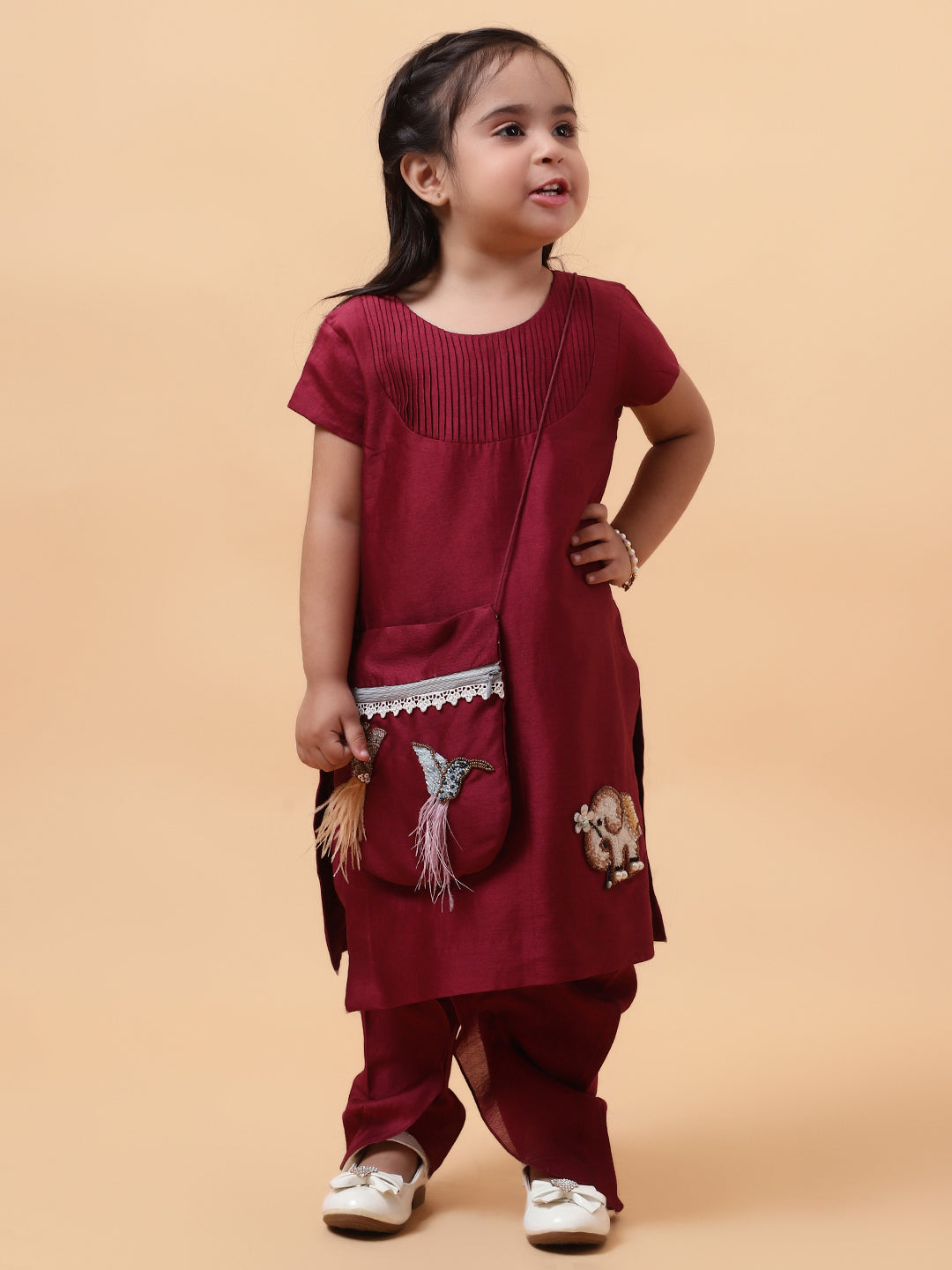 Wine Elephant and Birds Hand Embroidered Motifs Kurta