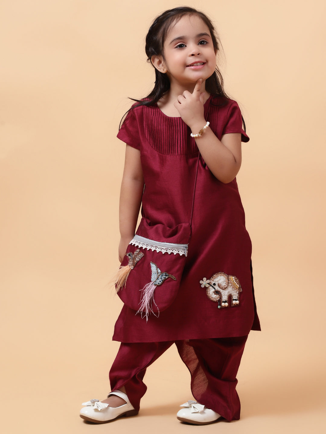 Wine Elephant and Birds Hand Embroidered Motifs Kurta