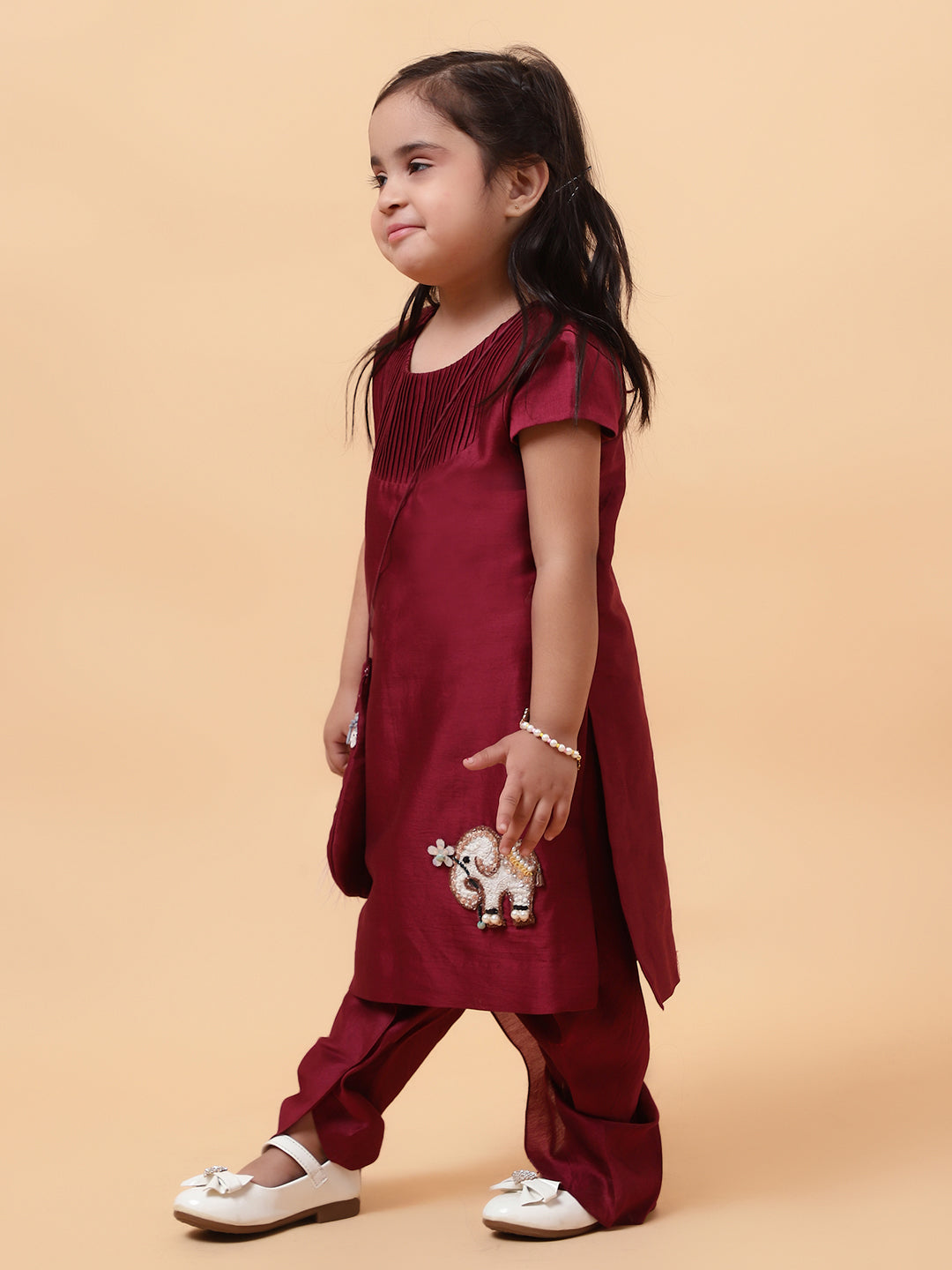 Wine Elephant and Birds Hand Embroidered Motifs Kurta