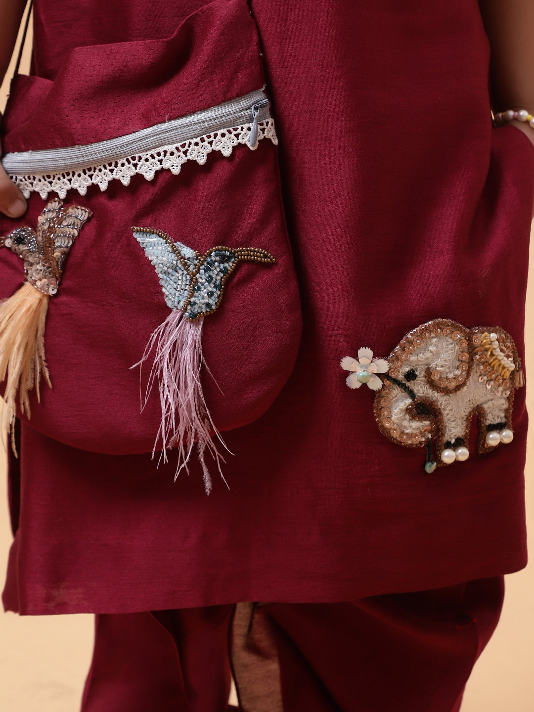 Wine Elephant and Birds Hand Embroidered Motifs Kurta