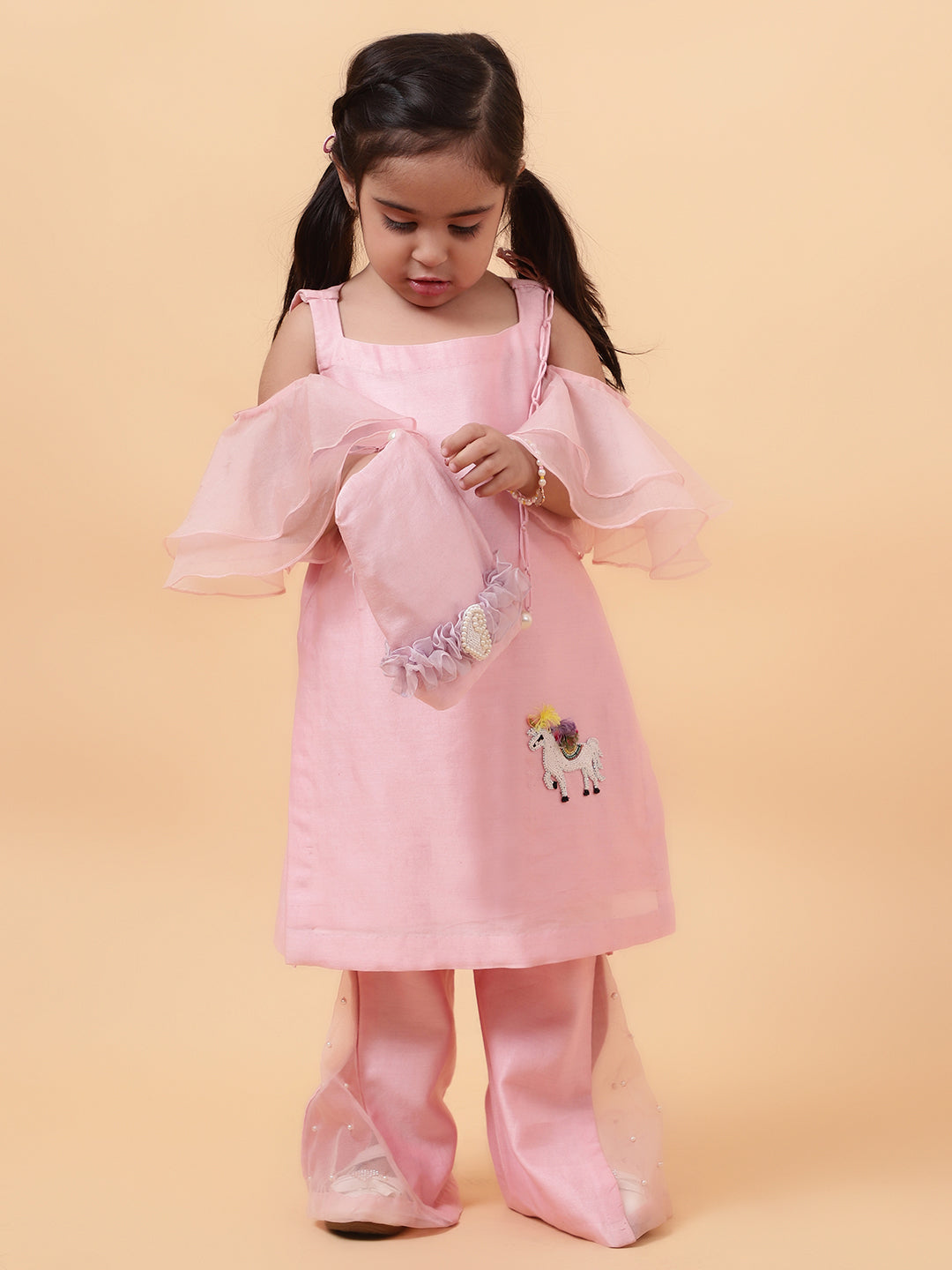 Pink Chanderi Silk Hand Unicorn Placement Kurta And Pant Set