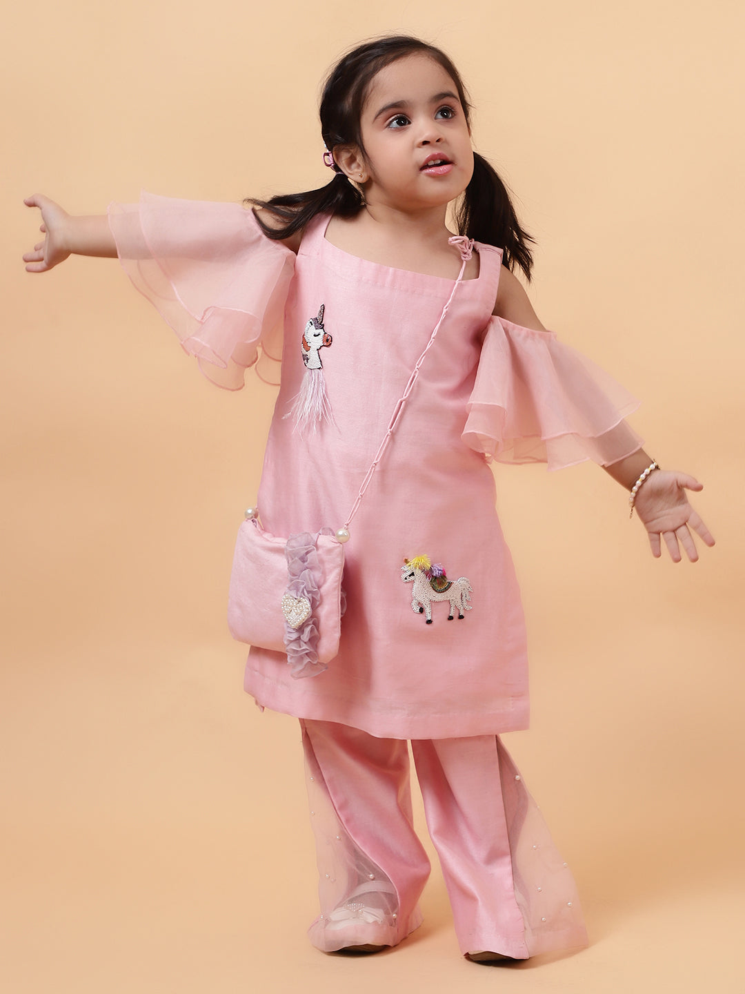 Pink Chanderi Silk Hand Unicorn Placement Kurta And Pant Set