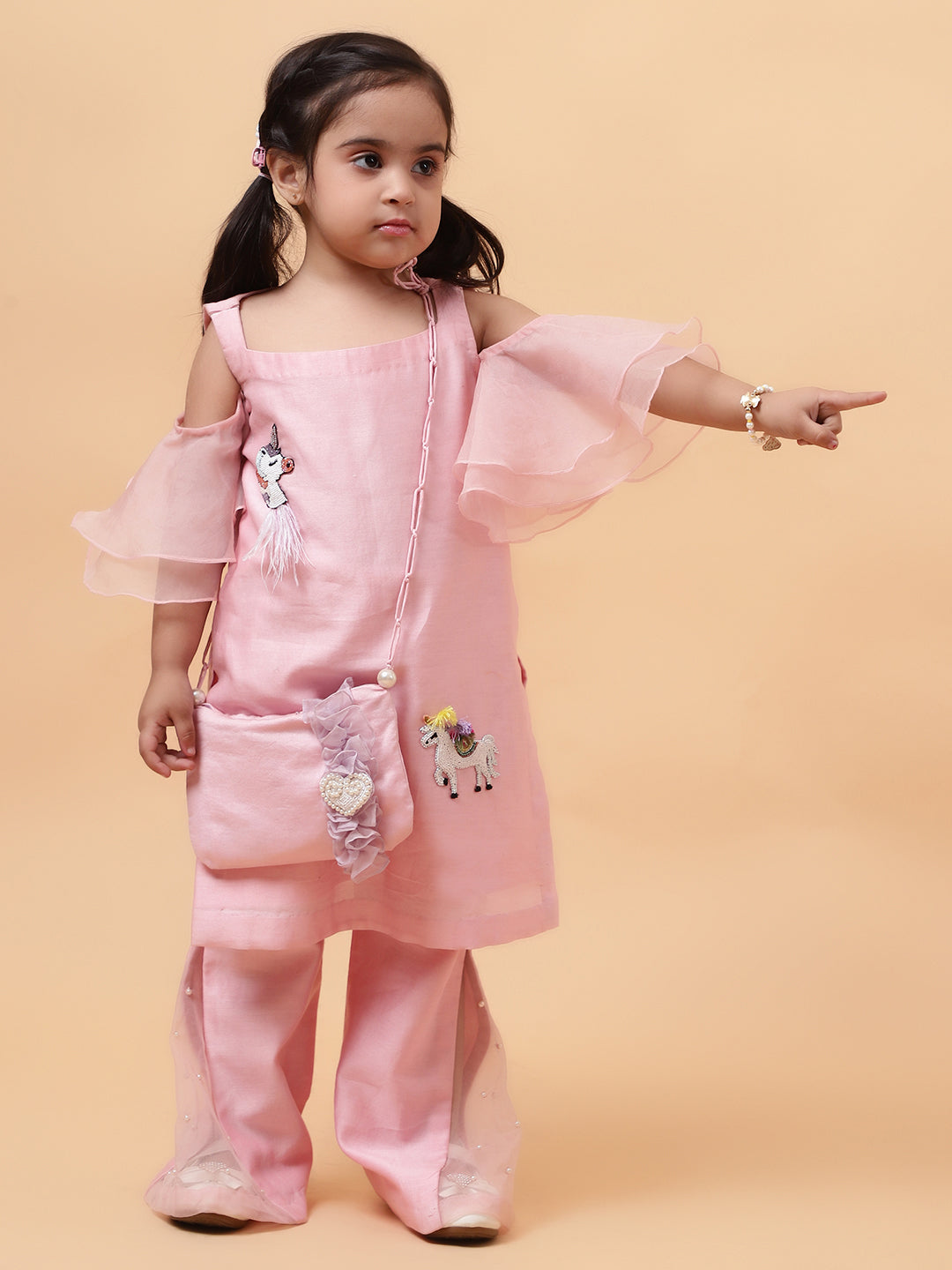 Pink Chanderi Silk Hand Unicorn Placement Kurta And Pant Set