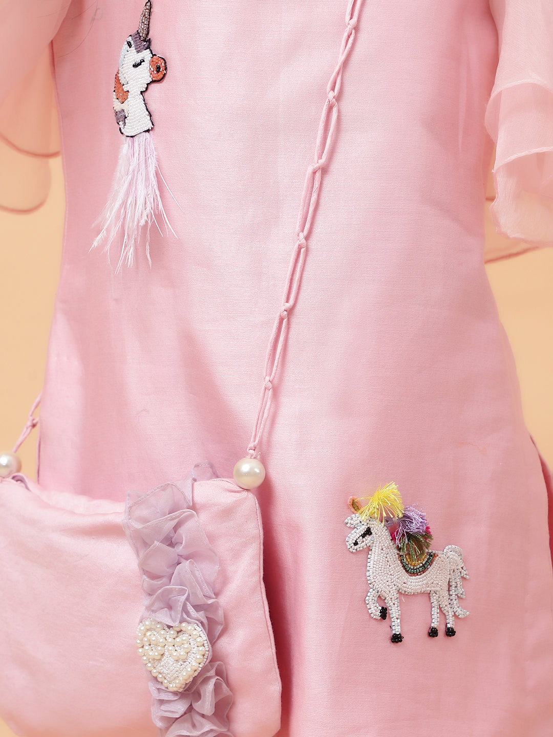 Pink Chanderi Silk Hand Unicorn Placement Kurta And Pant Set