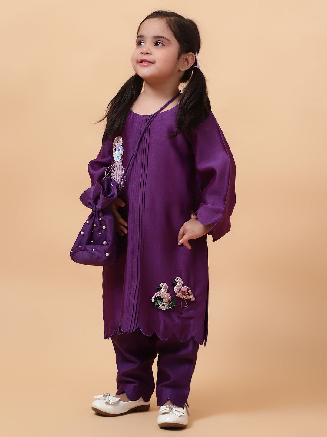 Purple Flamingo Hand Embroidered Motifs Kurta Set