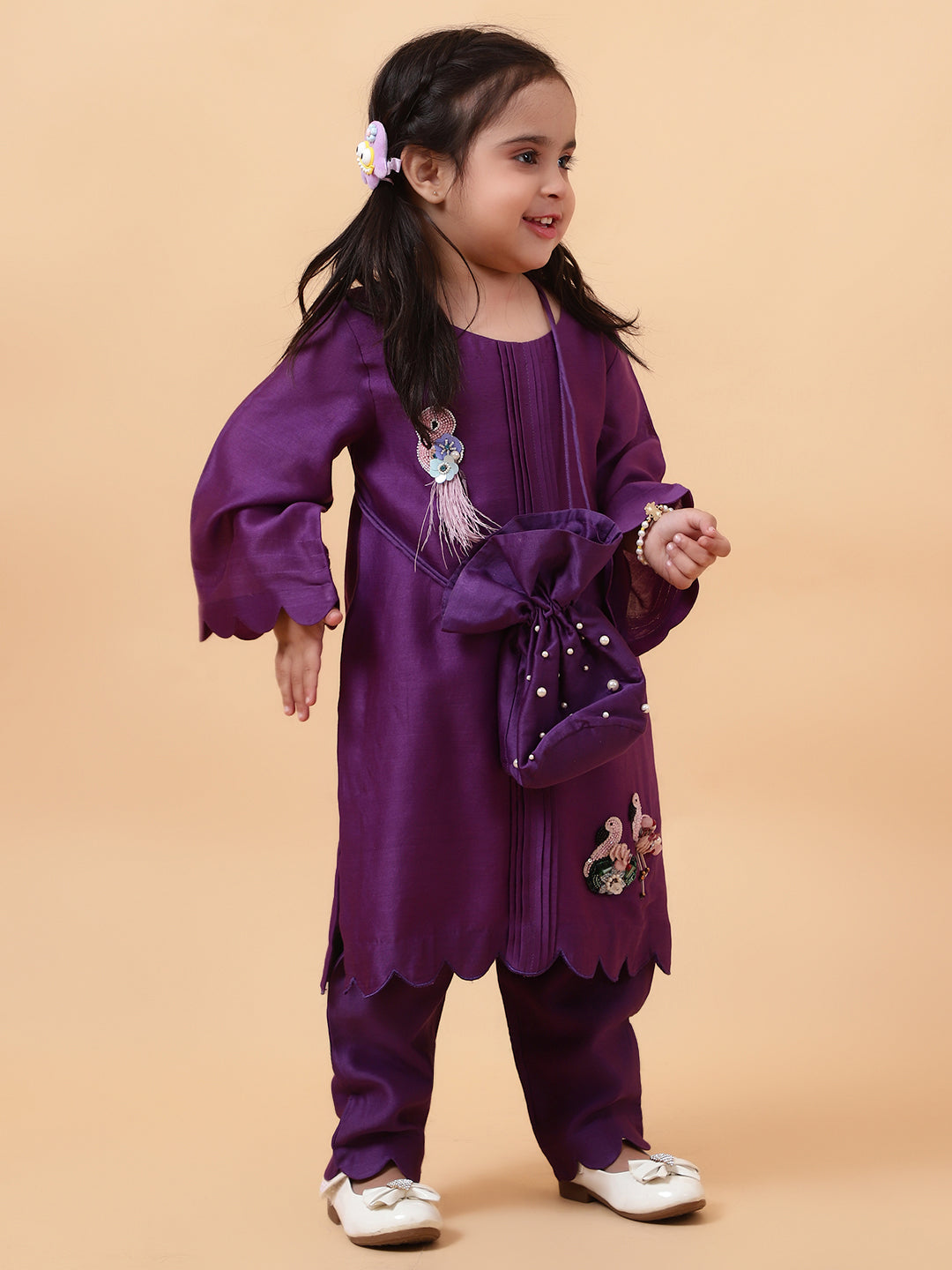 Purple Flamingo Hand Embroidered Motifs Kurta Set