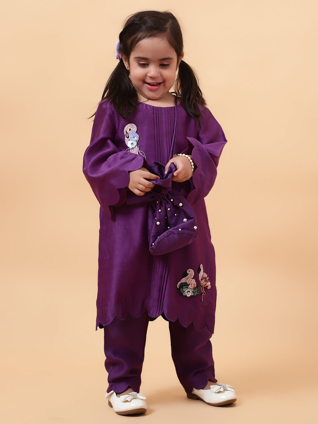 Purple Flamingo Hand Embroidered Motifs Kurta Set