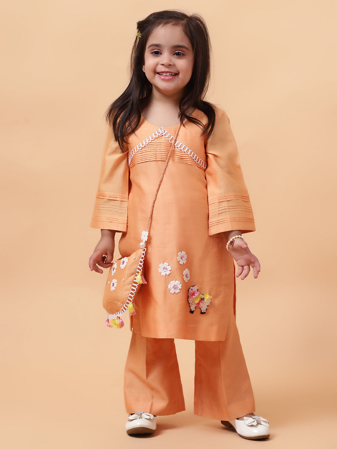 Orange Lama Hand Embroidered Motifs Kurta-Set