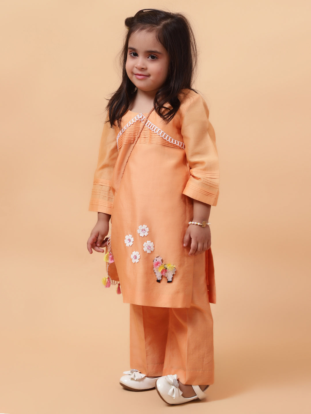 Orange Lama Hand Embroidered Motifs Kurta-Set
