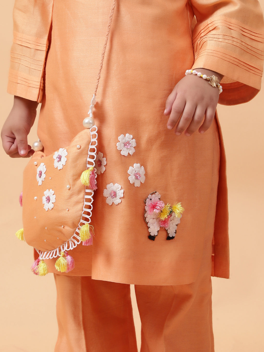 Orange Lama Hand Embroidered Motifs Kurta-Set