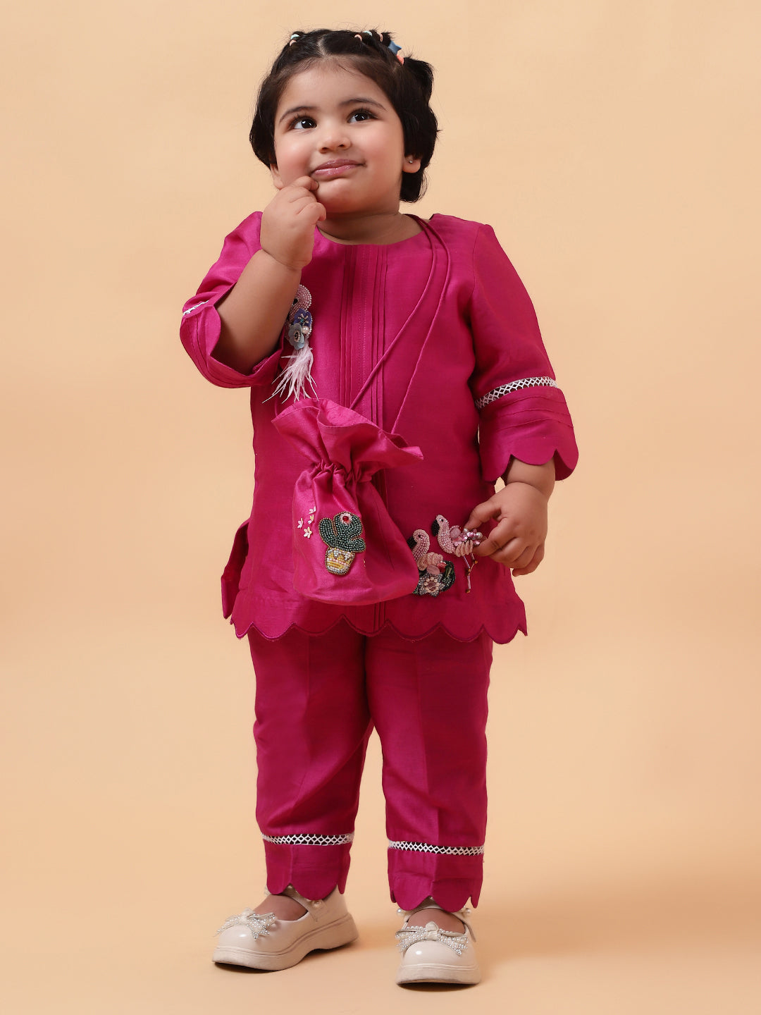 Pink Flamingo Hand Embroidered Motifs Kurta-Set
