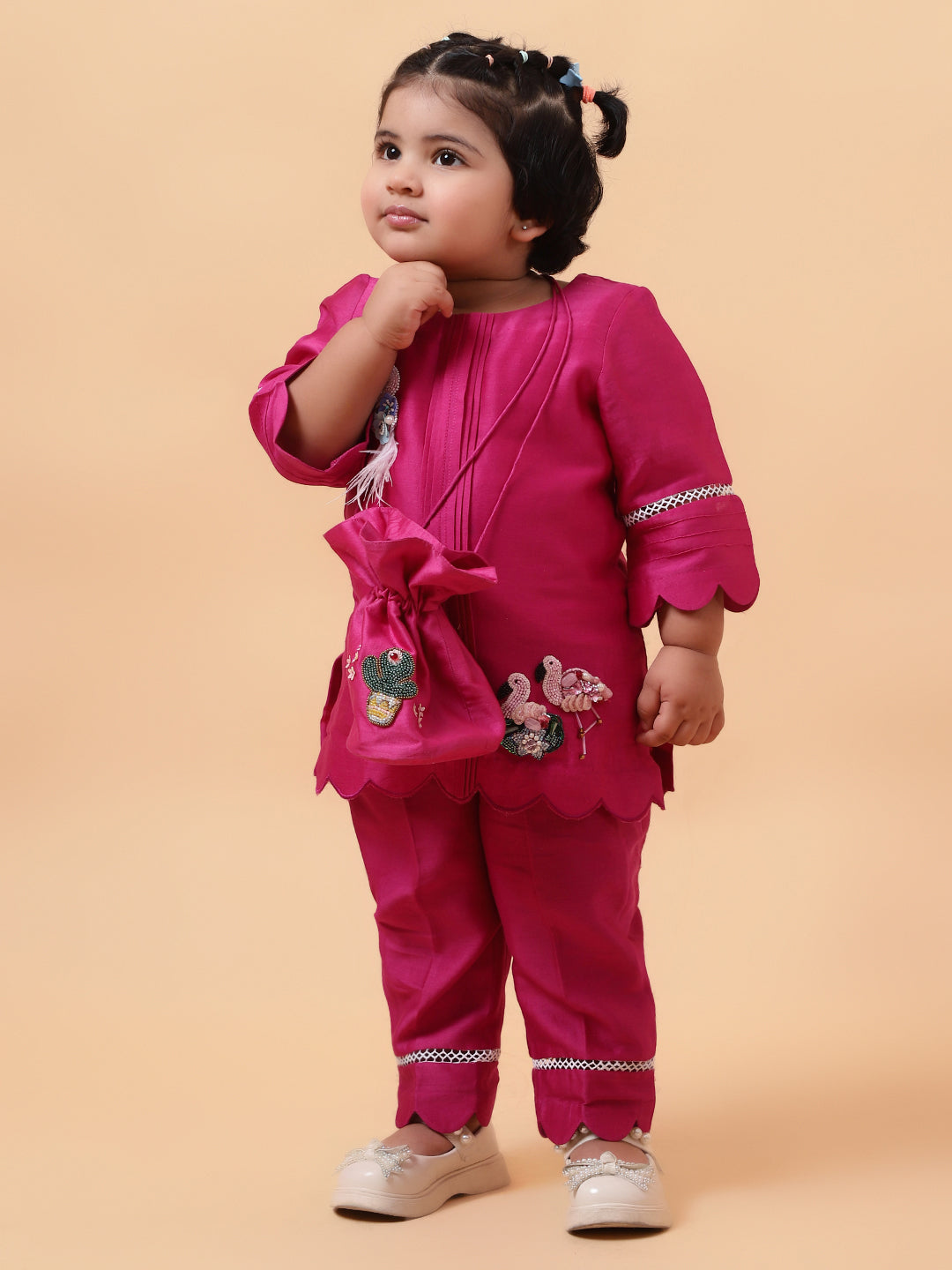 Pink Flamingo Hand Embroidered Motifs Kurta-Set