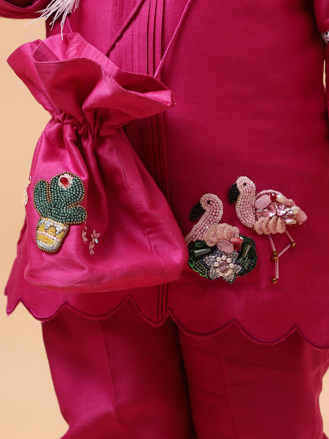 Pink Flamingo Hand Embroidered Motifs Kurta-Set