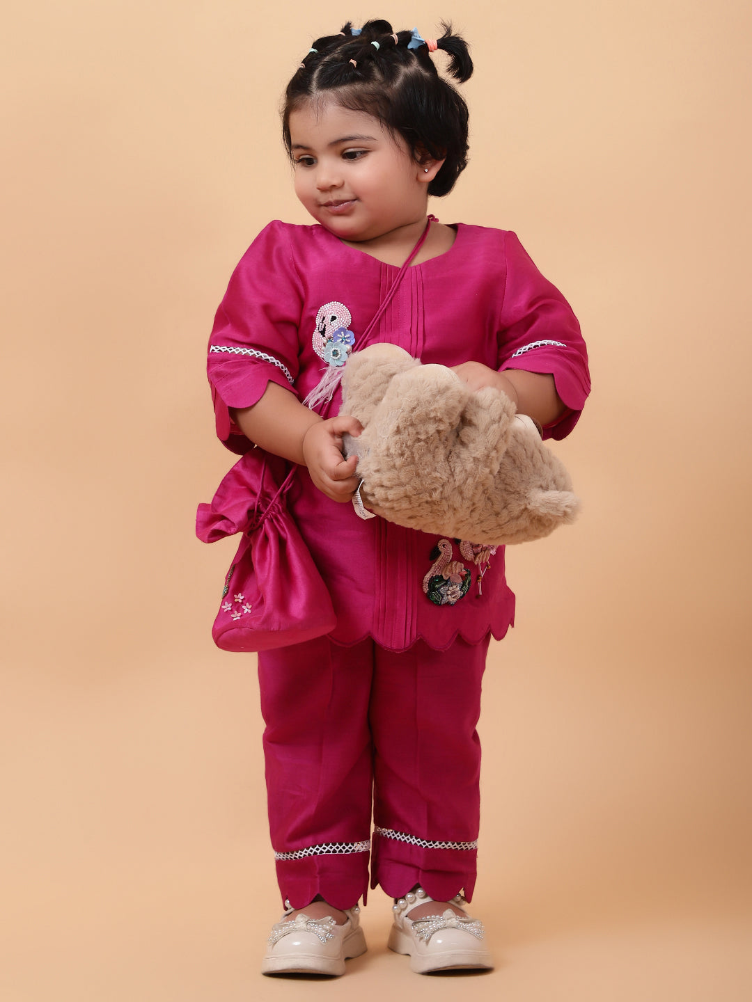 Pink Flamingo Hand Embroidered Motifs Kurta-Set