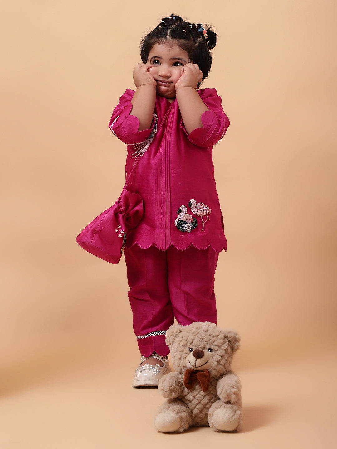 Pink Flamingo Hand Embroidered Motifs Kurta-Set
