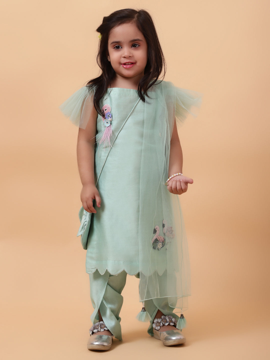 Jade Green Flamingo Hand Embroidered motifs Kurta-Set