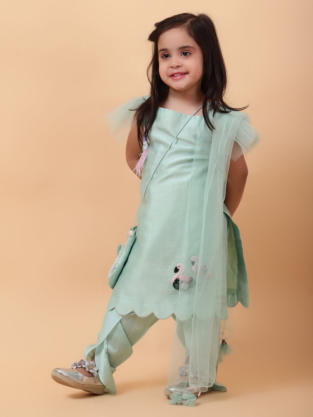 Jade Green Flamingo Hand Embroidered motifs Kurta-Set