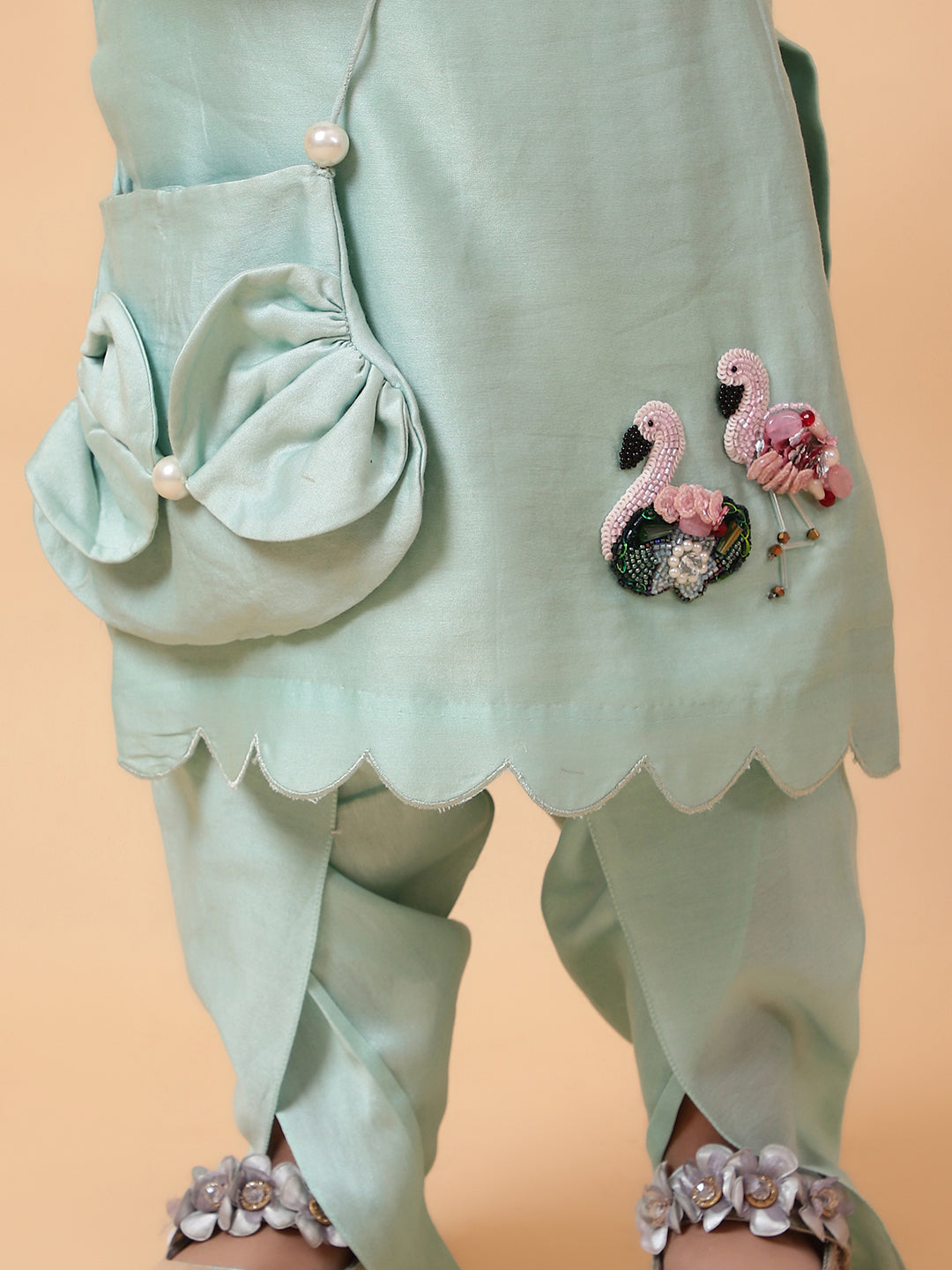 Jade Green Flamingo Hand Embroidered motifs Kurta-Set