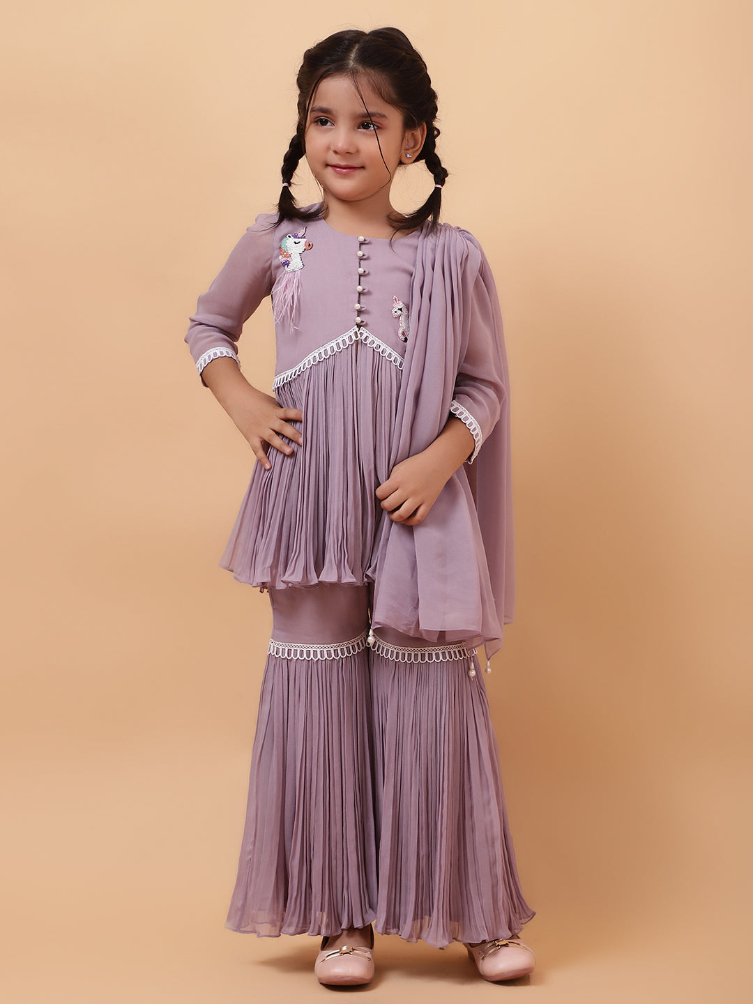 Purple Georgette Embroidered Cutdana Unicorn Peplum Kurta Sharara Set