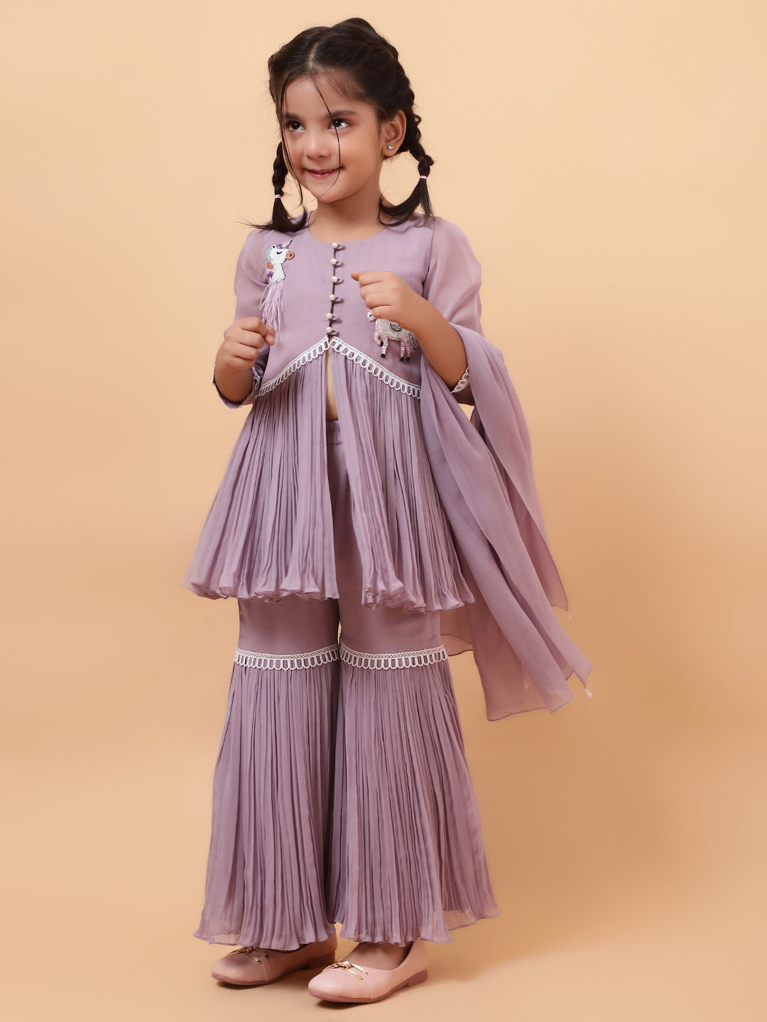 Purple Georgette Embroidered Cutdana Unicorn Peplum Kurta Sharara Set
