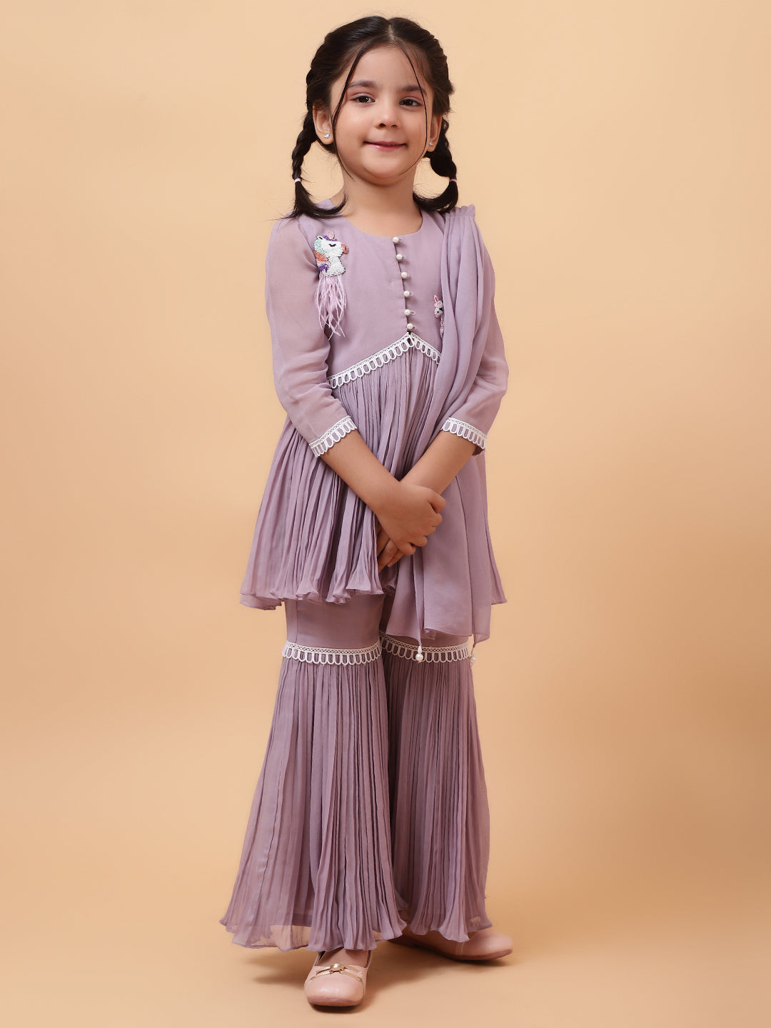 Purple Georgette Embroidered Cutdana Unicorn Peplum Kurta Sharara Set