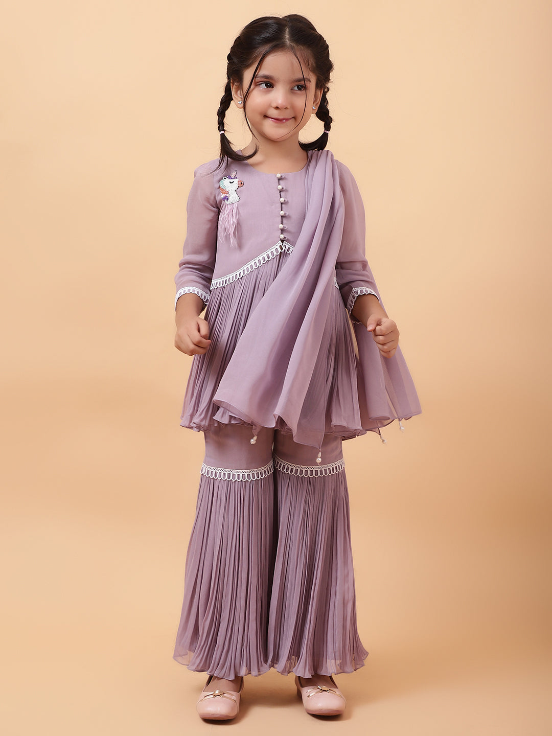 Purple Georgette Embroidered Cutdana Unicorn Peplum Kurta Sharara Set