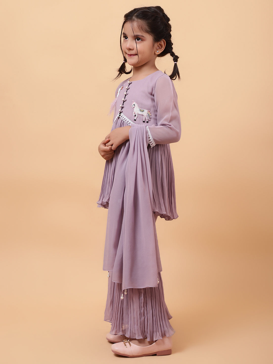 Purple Georgette Embroidered Cutdana Unicorn Peplum Kurta Sharara Set
