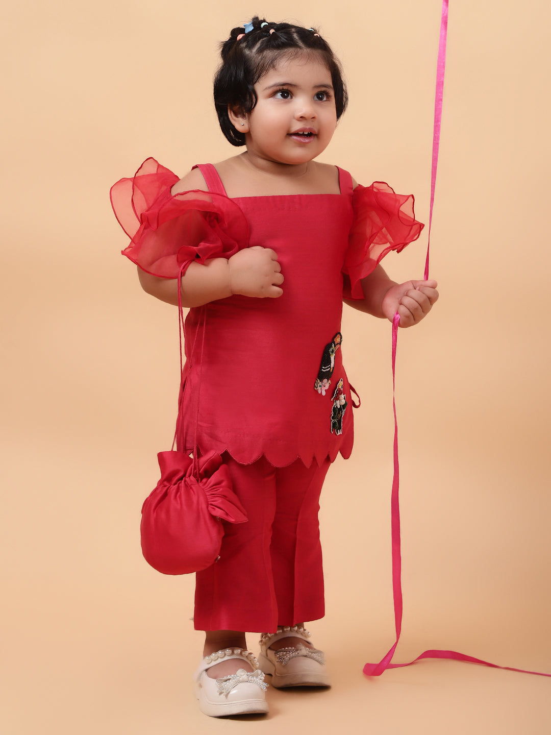 Red Birds Hand Embroidered Motifs Kurta-Set