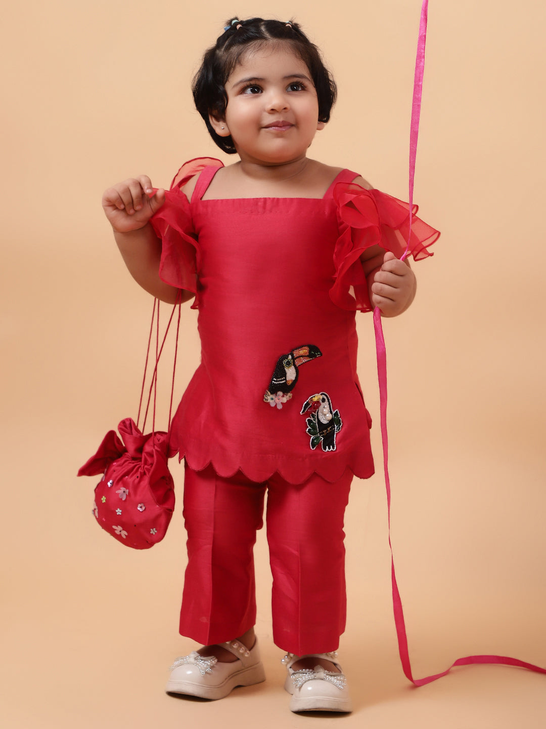 Red Birds Hand Embroidered Motifs Kurta-Set