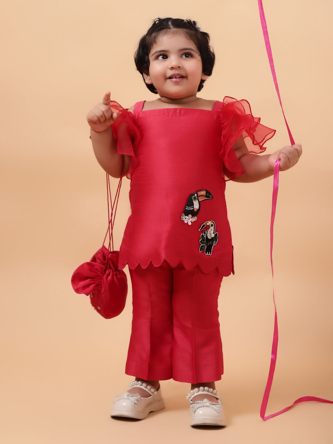 Red Birds Hand Embroidered Motifs Kurta-Set