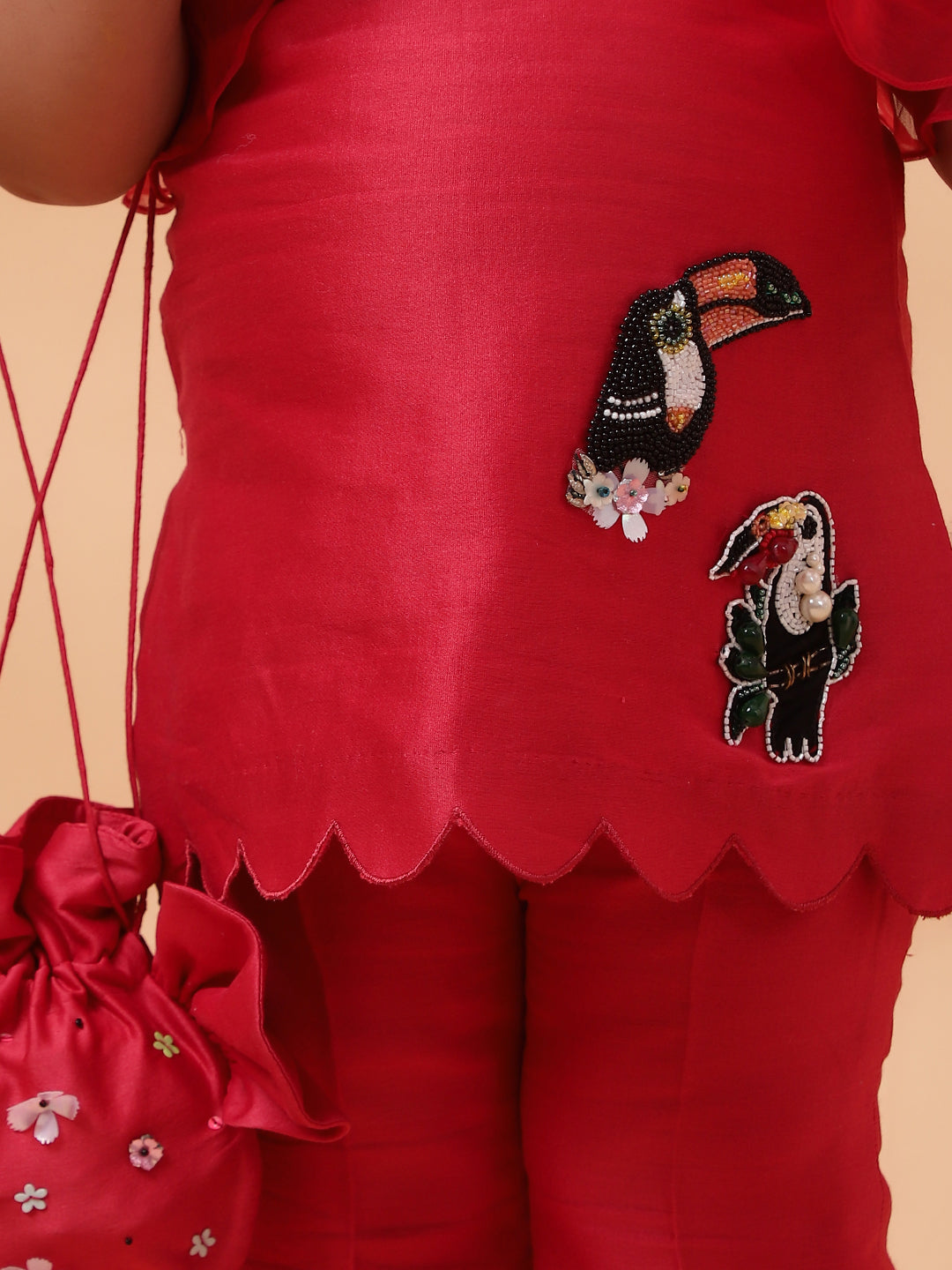 Red Birds Hand Embroidered Motifs Kurta-Set