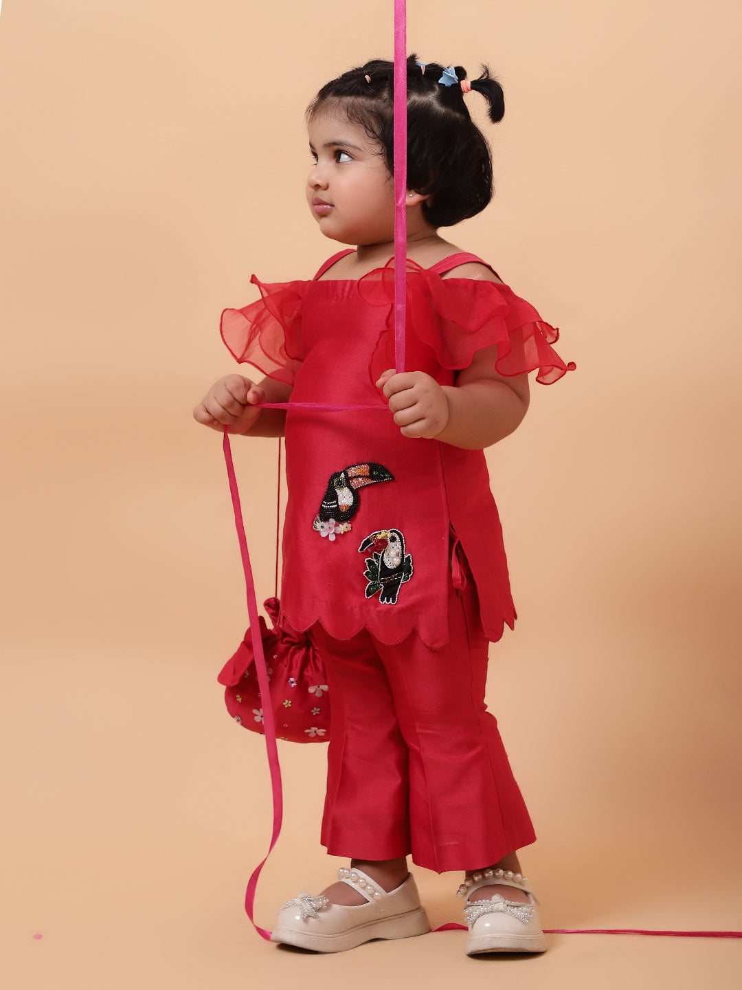 Red Birds Hand Embroidered Motifs Kurta-Set