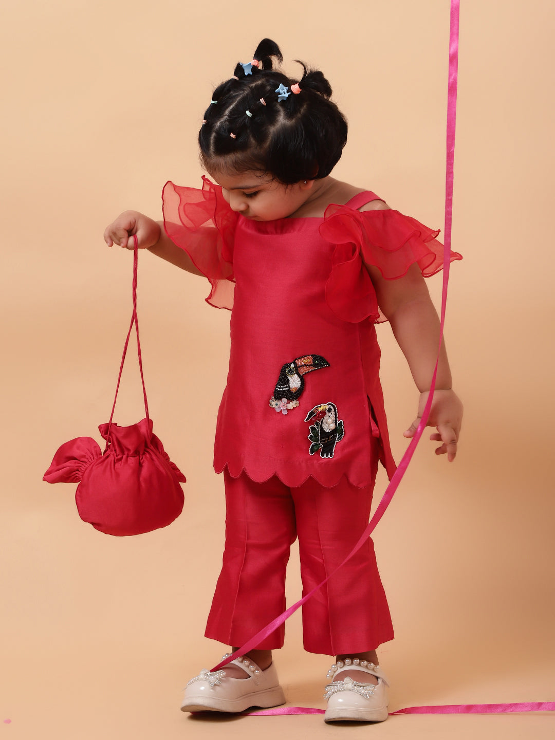 Red Birds Hand Embroidered Motifs Kurta-Set