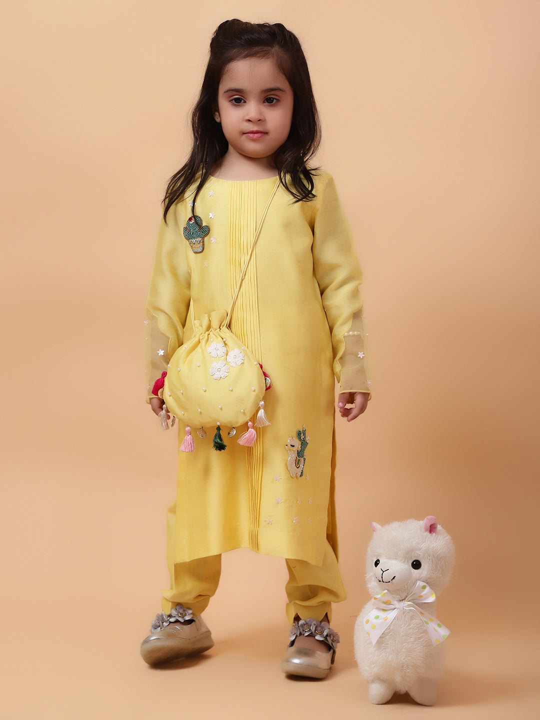 Yellow Chanderi Silk Hand Embroidered Placement Lama Kurta And Pant Set