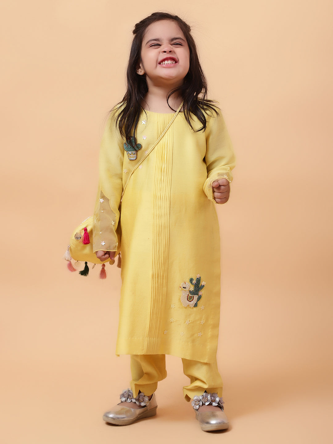 Yellow Chanderi Silk Hand Embroidered Placement Lama Kurta And Pant Set