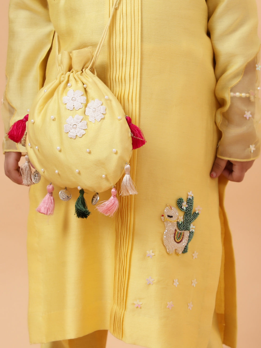 Yellow Chanderi Silk Hand Embroidered Placement Lama Kurta And Pant Set