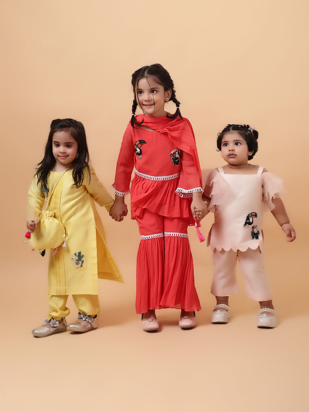 Orange Georgette Embroidered Sequin Tropical Bird Peplum Kurta Sharara Set