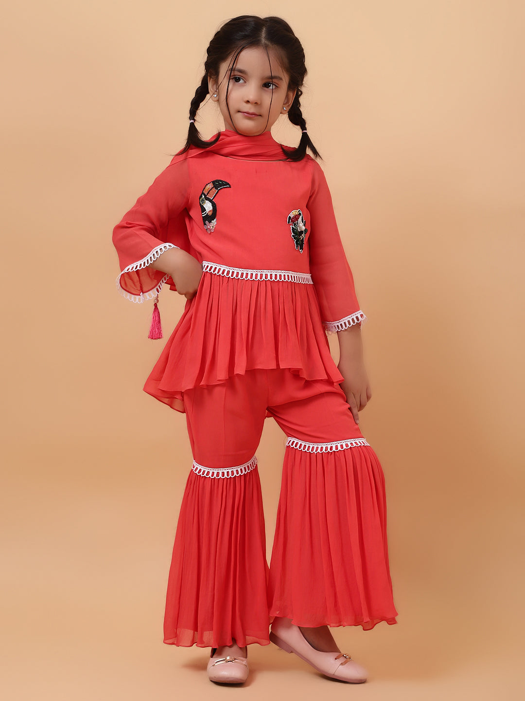 Orange Georgette Embroidered Sequin Tropical Bird Peplum Kurta Sharara Set
