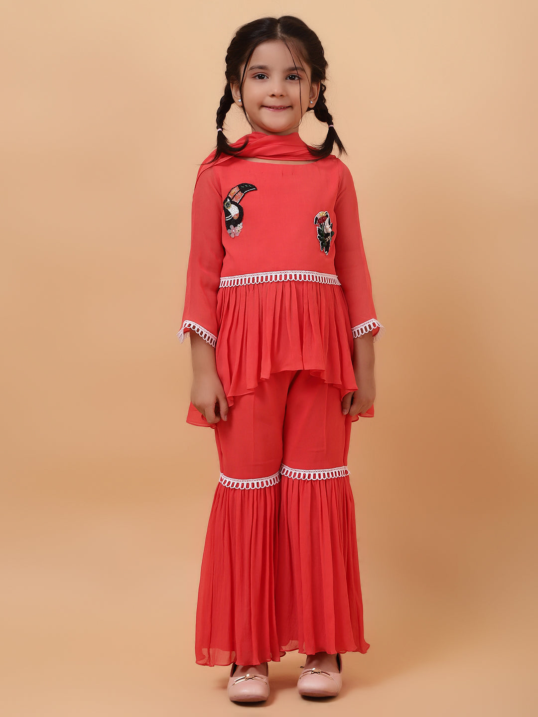 Orange Georgette Embroidered Sequin Tropical Bird Peplum Kurta Sharara Set