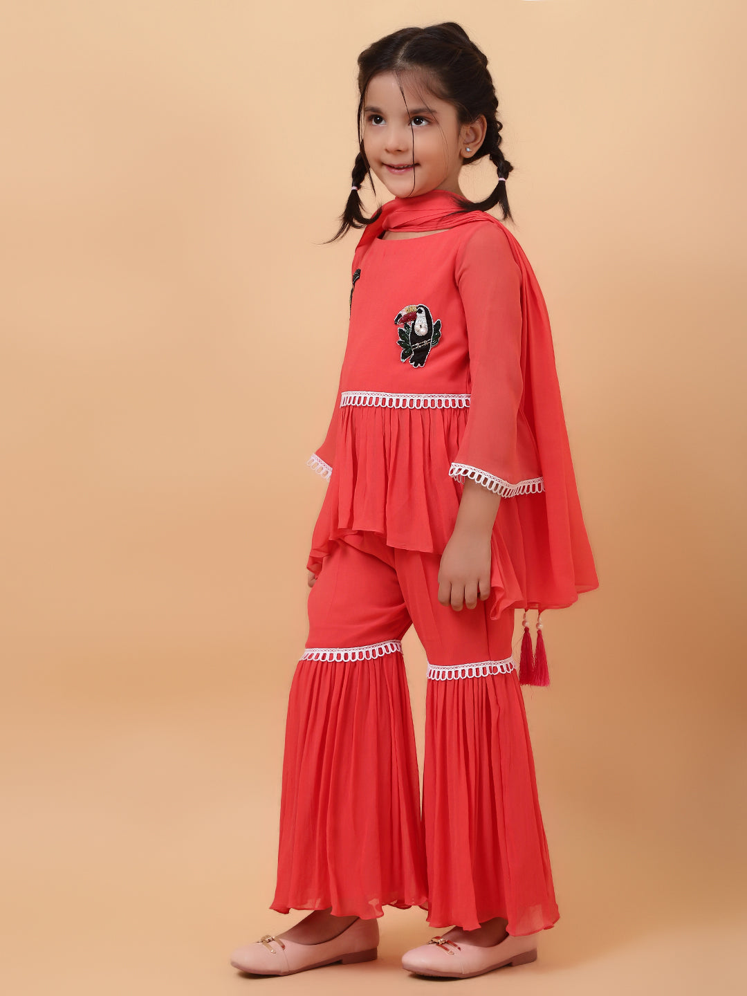 Orange Georgette Embroidered Sequin Tropical Bird Peplum Kurta Sharara Set