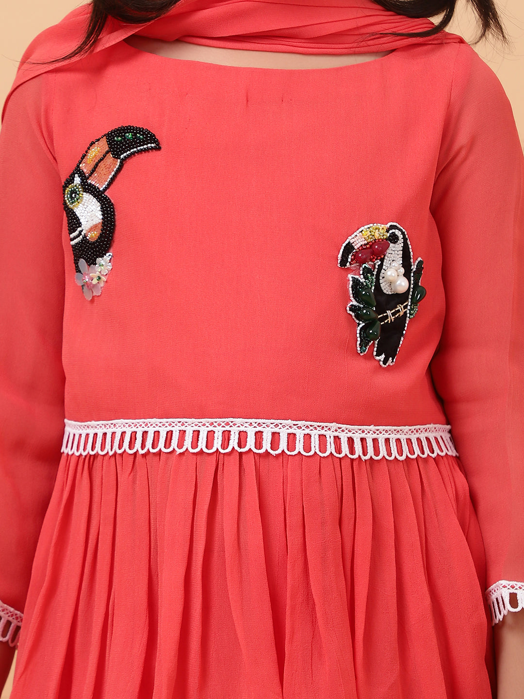 Orange Georgette Embroidered Sequin Tropical Bird Peplum Kurta Sharara Set