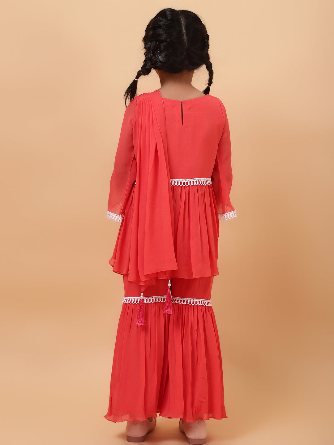 Orange Georgette Embroidered Sequin Tropical Bird Peplum Kurta Sharara Set