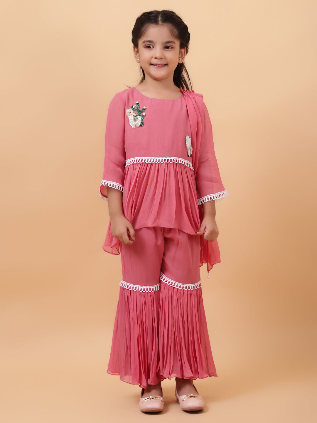 Pink Georgette Embroidered Cutdana Lama Peplum Kurta Sharara Set