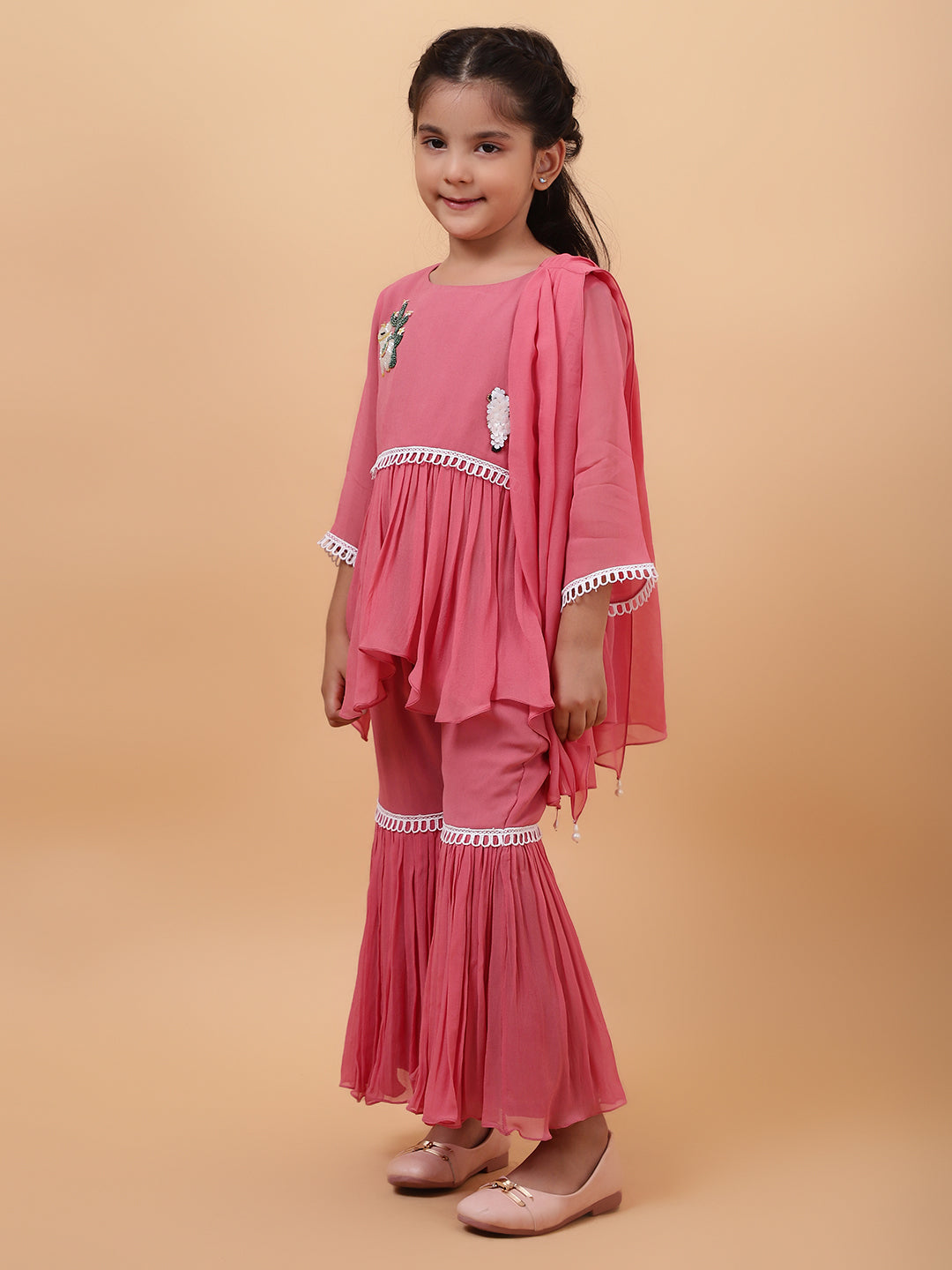 Pink Georgette Embroidered Cutdana Lama Peplum Kurta Sharara Set