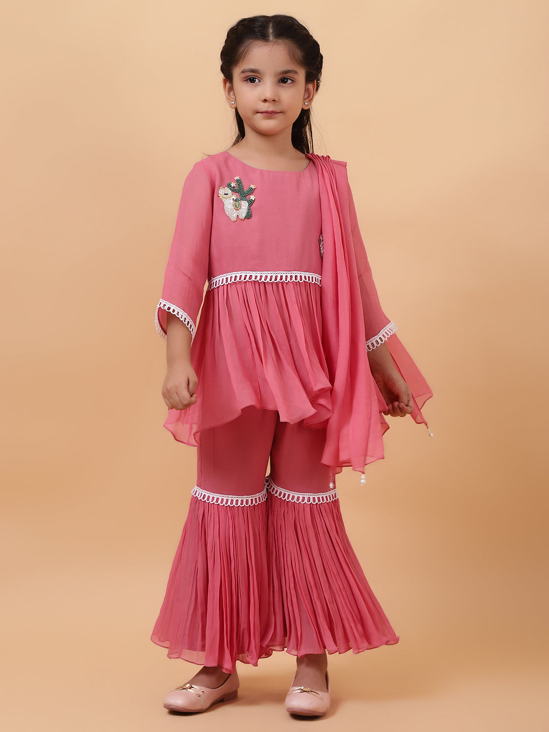 Pink Georgette Embroidered Cutdana Lama Peplum Kurta Sharara Set
