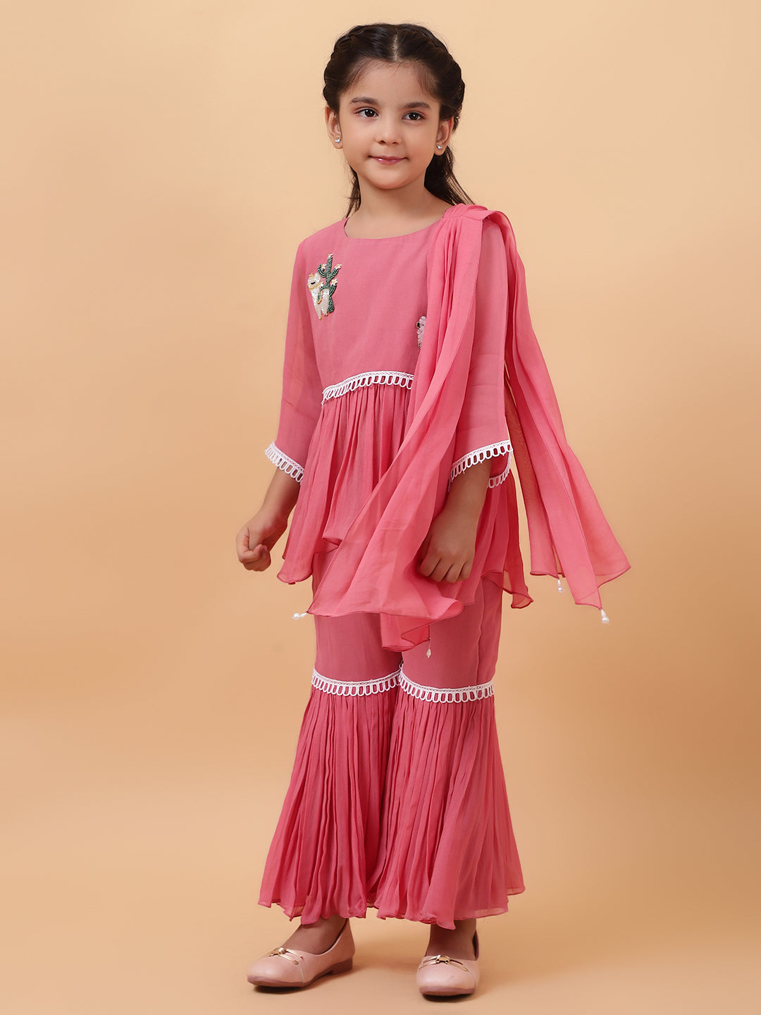 Pink Georgette Embroidered Cutdana Lama Peplum Kurta Sharara Set