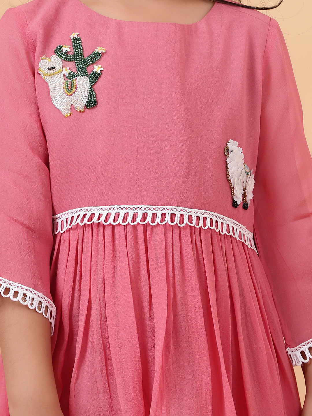 Pink Georgette Embroidered Cutdana Lama Peplum Kurta Sharara Set