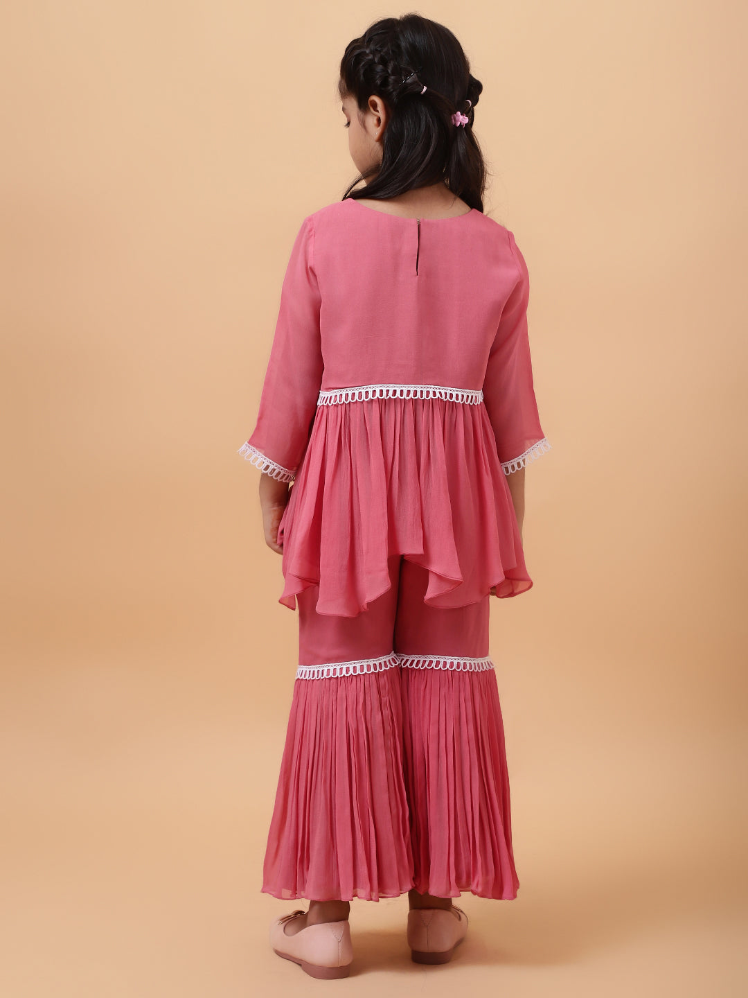 Pink Georgette Embroidered Cutdana Lama Peplum Kurta Sharara Set