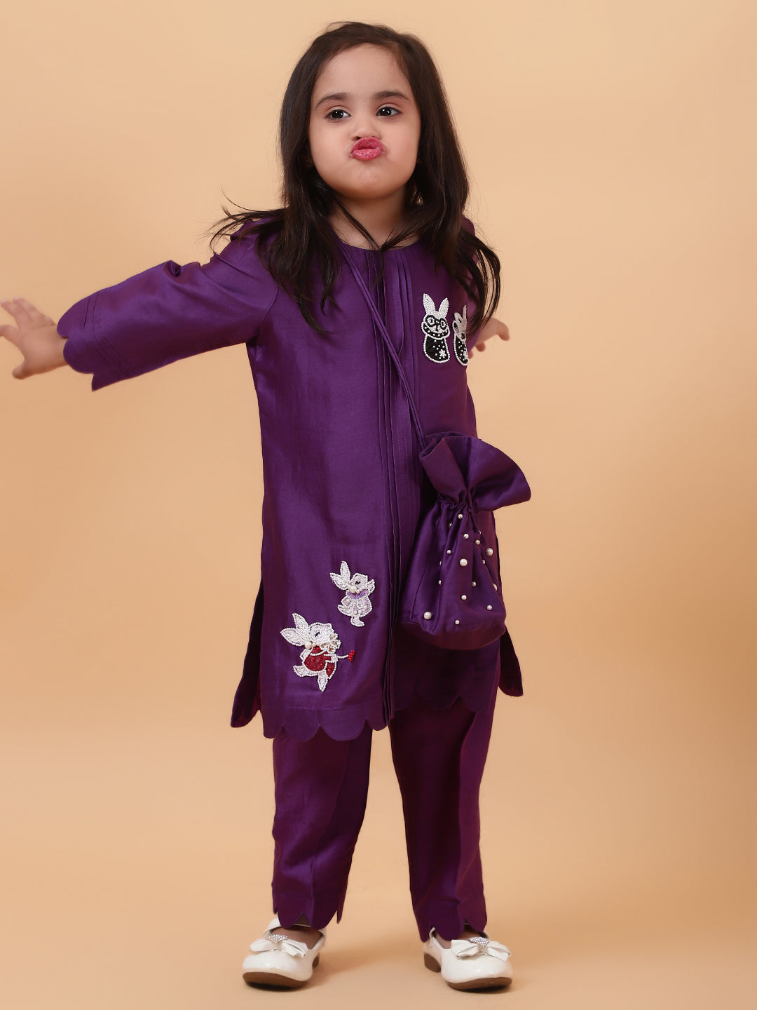 Purple Bunny Hand Embroidered Motifs Kurta-Set